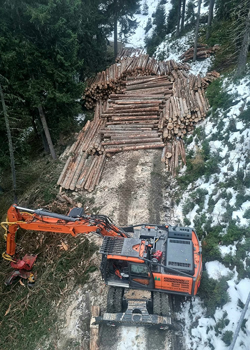 Seilbahnbringung von Holz aus bergigem und waldigen Gelände